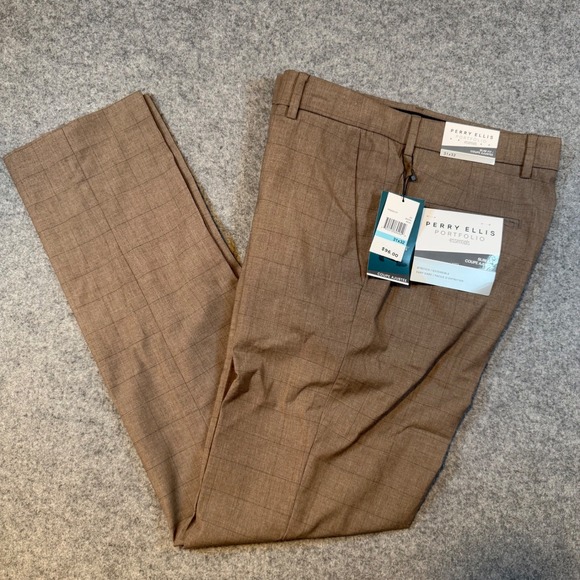 Perry Ellis Other - Perry Ellis Portfolio Essentials Slim Fit Tan Windowpane Dress Pants 31x32 NEW
